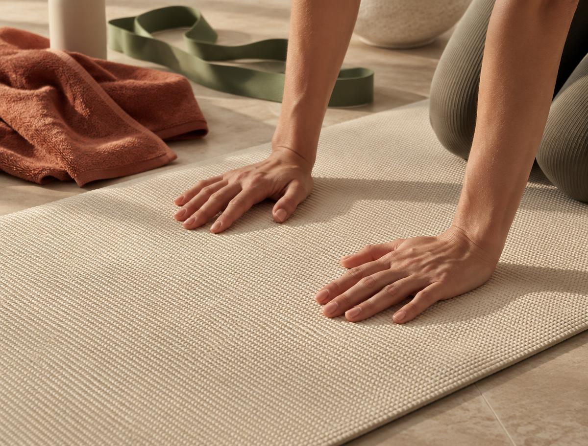 Close-up of hands pressing into a textured cream yoga mat