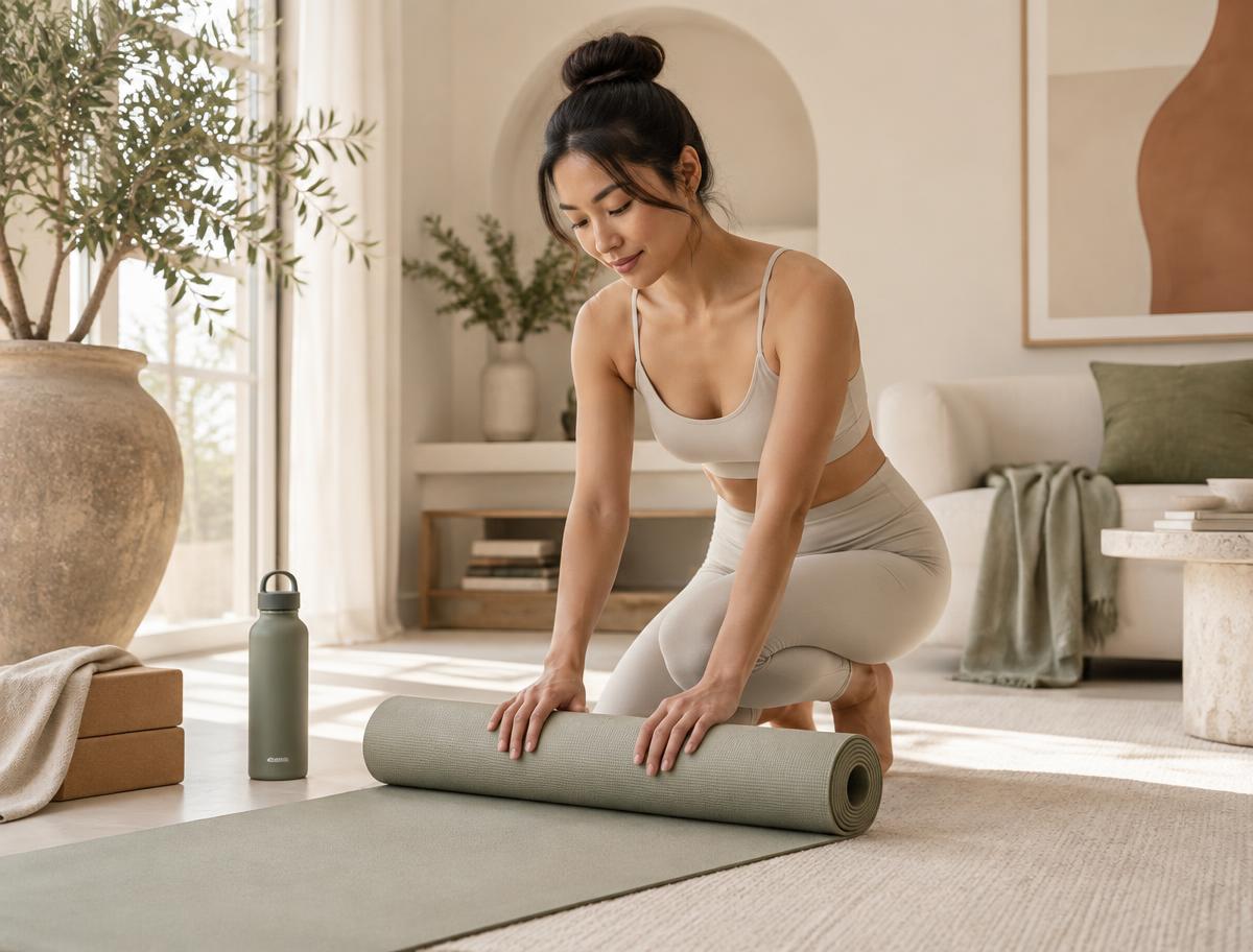 Woman rolling a sage yoga mat in a calm home wellness space